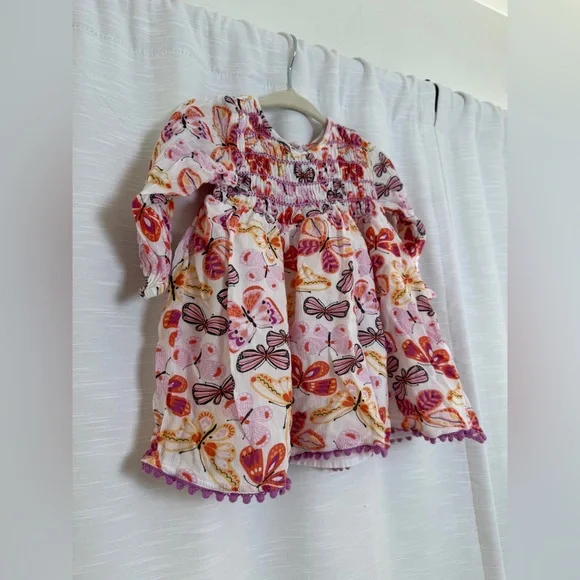 Peek Baby Girl Butterfly Print Smocked Dress Pink Orange Long Sleeve Size 6-12M - Picture 6 of 10